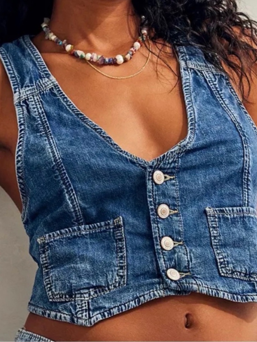 Free People Rider Denim Buttoned Cropped Vest Size S NWT